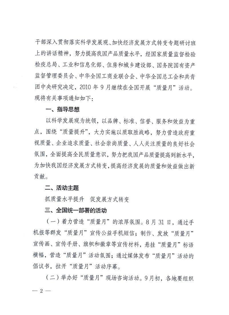 國家質(zhì)量監(jiān)督檢驗檢疫總局、工業(yè)和信息化部、住房和城鄉(xiāng)建設(shè)部、國務(wù)院國有資產(chǎn)監(jiān)督管理委員會、中華全國工商業(yè)聯(lián)合會、中華全國總工會、共青團(tuán)中央《關(guān)于開展2010年全國“質(zhì)量月”活動的通知》
